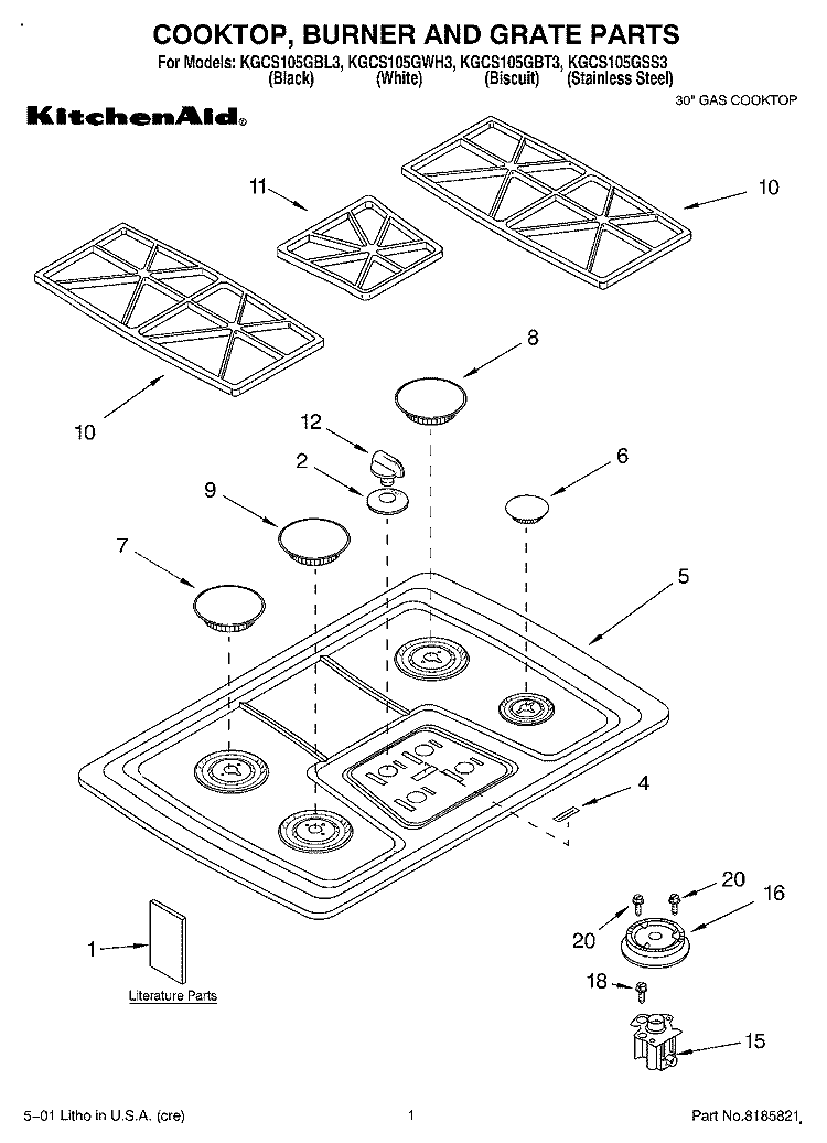 COOKTOP, BURNER AND GRATE PARTS Diagram and Parts List for KGCS105GSS3  KitchenAid Cooktop