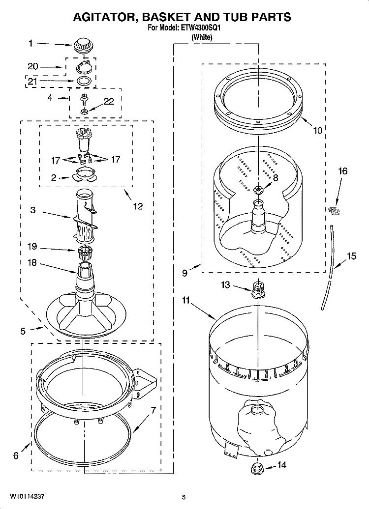 AGITATOR, BASKET AND TUB PARTS Diagram and Parts List for ETW4300SQ1  Estate Washer