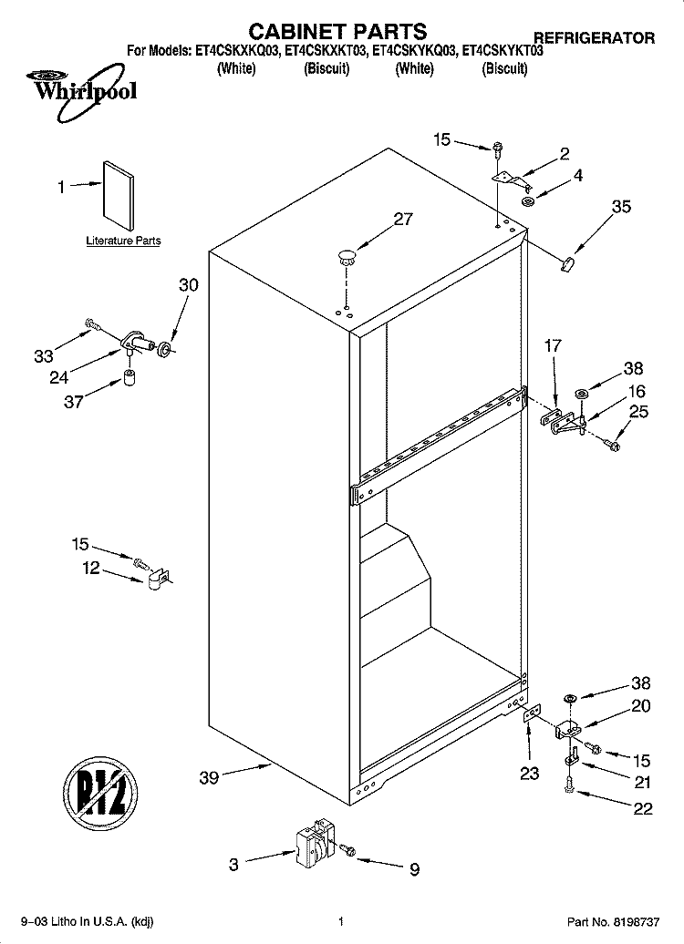 CABINET PARTS Diagram and Parts List for ET4CSKYKQ03  Whirlpool Refrigerator
