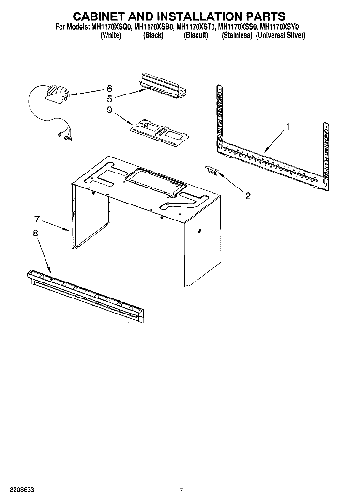 CABINET AND INSTALLATION PARTS Diagram and Parts List for MH1170XSB0  Whirlpool Microwave