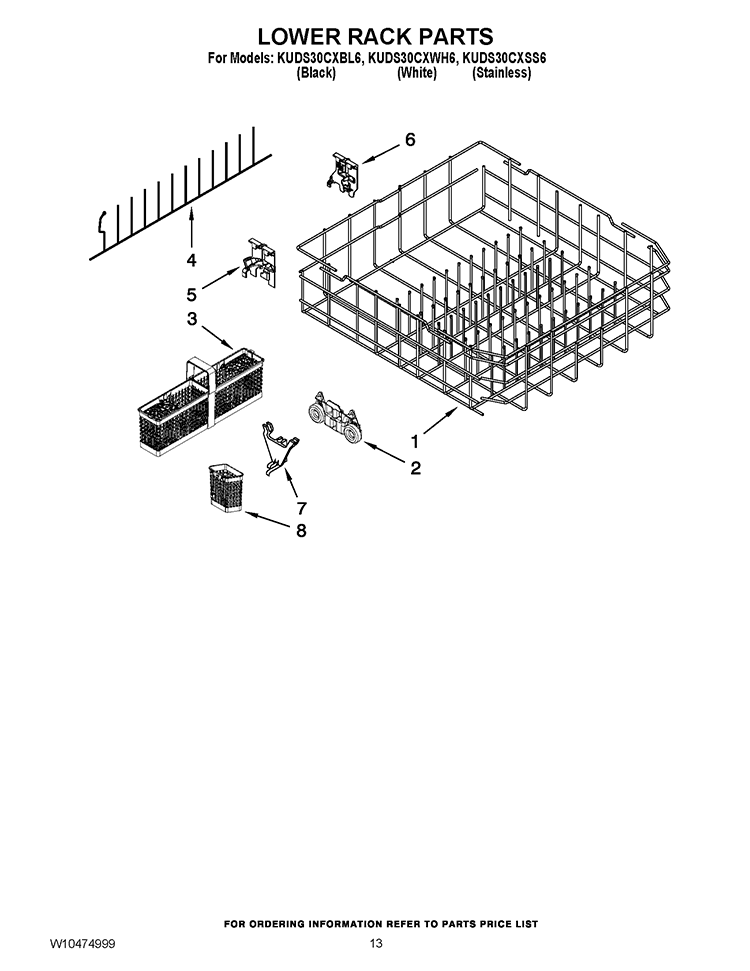 LOWER RACK PARTS Diagram and Parts List for KUDS30CXBL6  KitchenAid Dishwasher
