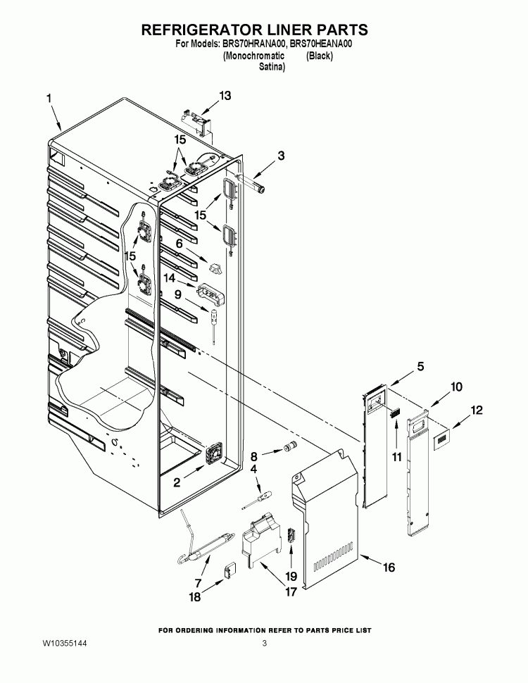 REFRIGERATOR LINER PARTS Diagram and Parts List for BRS70HRANA00  Whirlpool Refrigerator