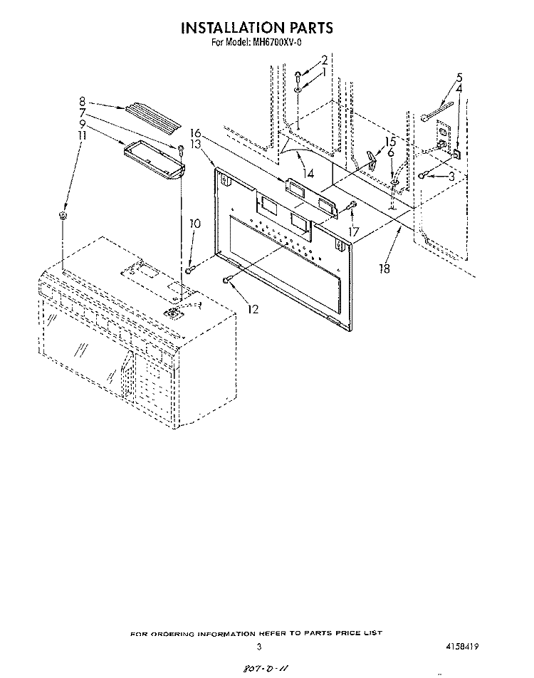 INSTALLATION Diagram and Parts List for MH6700XV0  Whirlpool Microwave