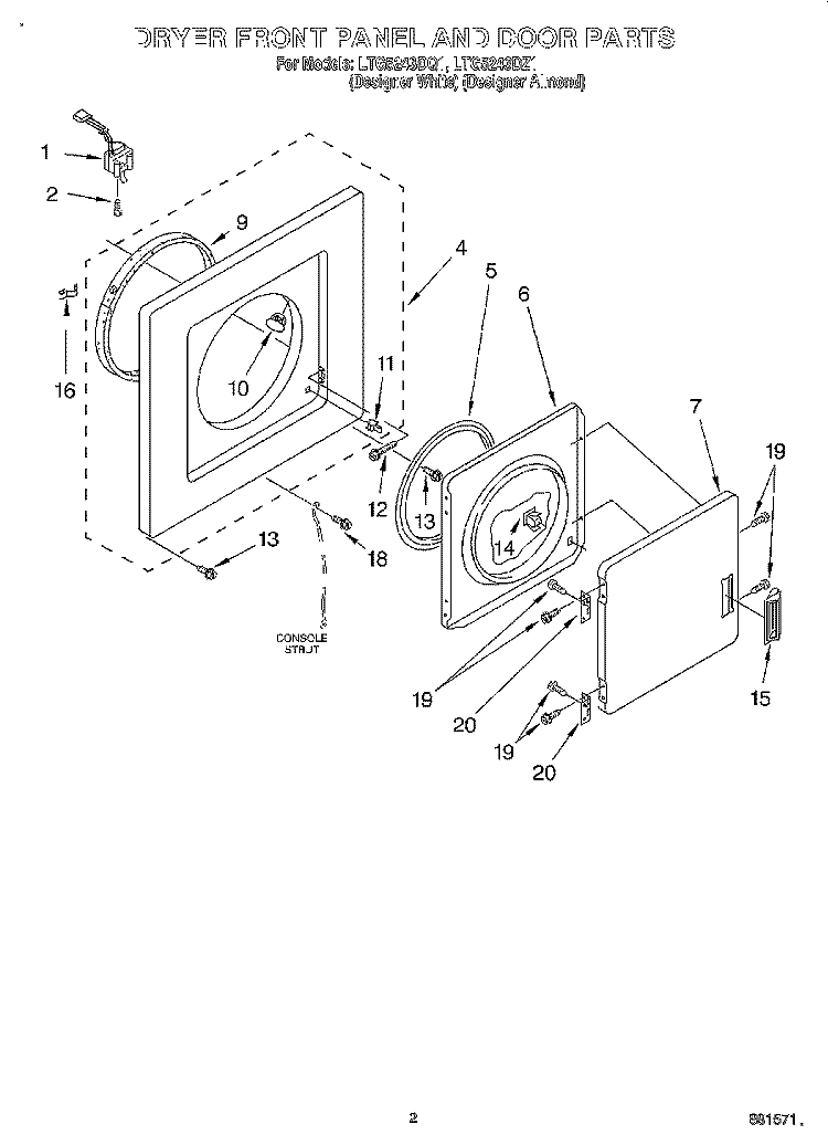 DRYER FRONT PANEL AND DOOR Diagram and Parts List for LTG5243DQ1  Whirlpool Washer Dryer Combo