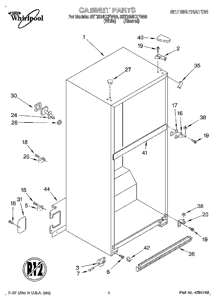CABINET Diagram and Parts List for 8ET20NKXFN00  Whirlpool Refrigerator