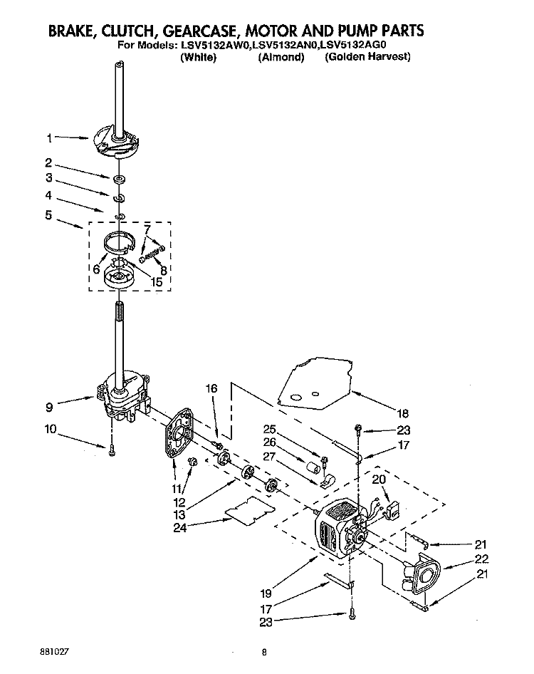 BRAKE, CLUTCH, GEARCASE, MOTOR & PUMP Diagram and Parts List for LSV5132AN0  Whirlpool Washer