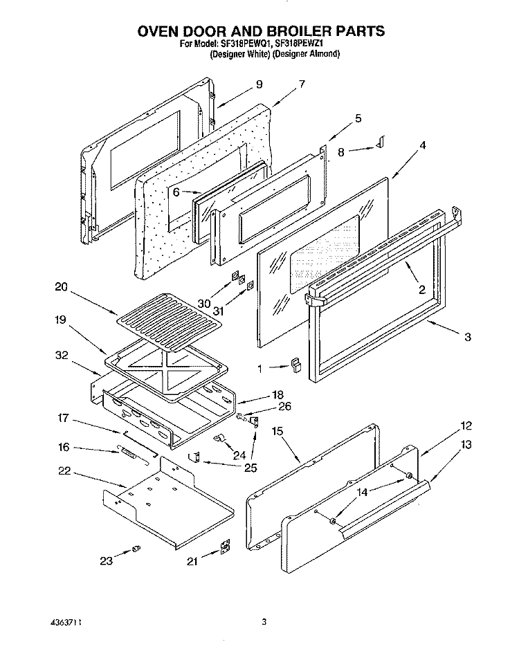 OVEN DOOR AND BROILER Diagram and Parts List for SF318PEWZ1  Whirlpool Range