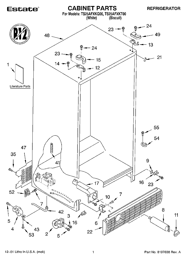 CABINET, LITERATURE Diagram and Parts List for TS25AFXKT00  Estate Refrigerator