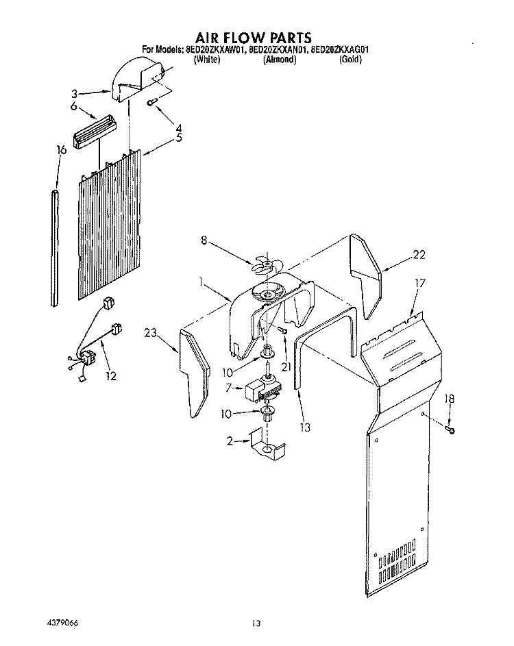 AIR FLOW Diagram and Parts List for 8ED20ZKXAW01  Whirlpool Refrigerator