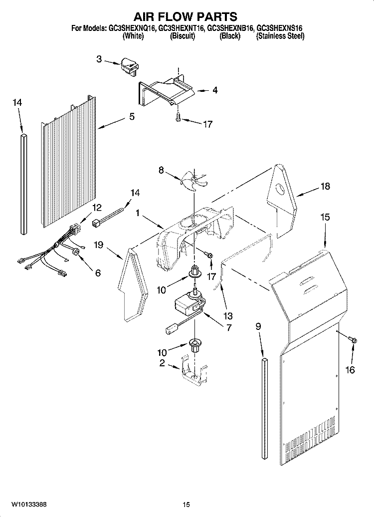 AIR FLOW PARTS Diagram and Parts List for GC3SHEXNT16  Whirlpool Refrigerator
