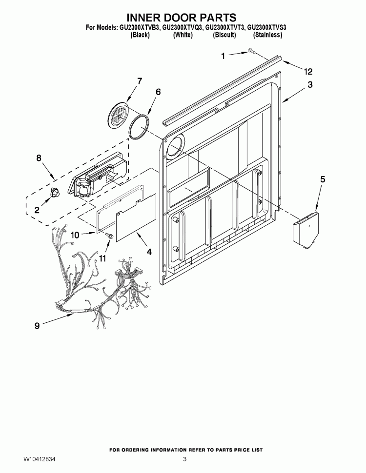 INNER DOOR PARTS Diagram and Parts List for GU2300XTVT3  Whirlpool Dishwasher