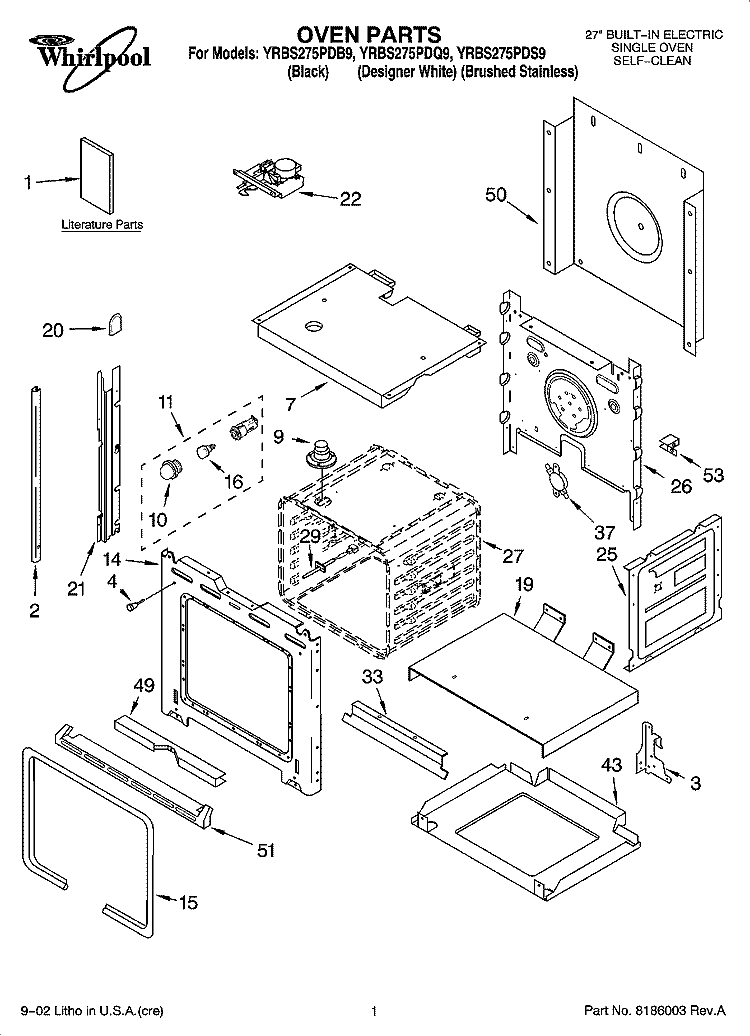 OVEN PARTS Diagram and Parts List for YRBS275PDQ9  Whirlpool Wall Oven