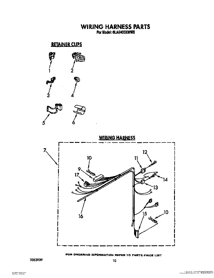 WIRING HARNESS Diagram and Parts List for 6LA5400XWM0  Whirlpool Washer