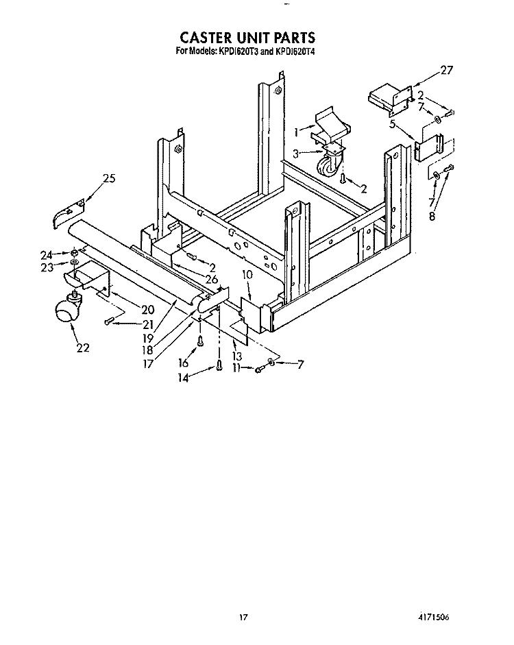 CASTER UNIT Diagram and Parts List for KPDI620T3  KitchenAid Dishwasher