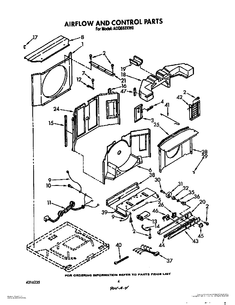 AIRFLOW AND CONTROL Diagram and Parts List for ACQ082XW0  Whirlpool Air Conditioner