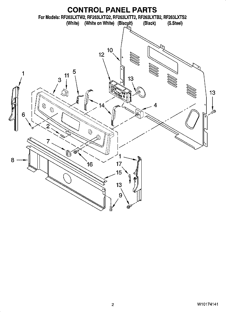 CONTROL PANEL PARTS Diagram and Parts List for RF263LXTQ2  Whirlpool Range