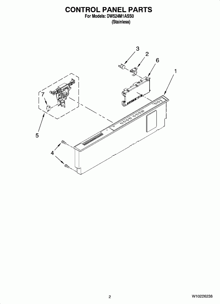 CONTROL PANEL PARTS Diagram and Parts List for DW524M1ASS0  Whirlpool Dishwasher