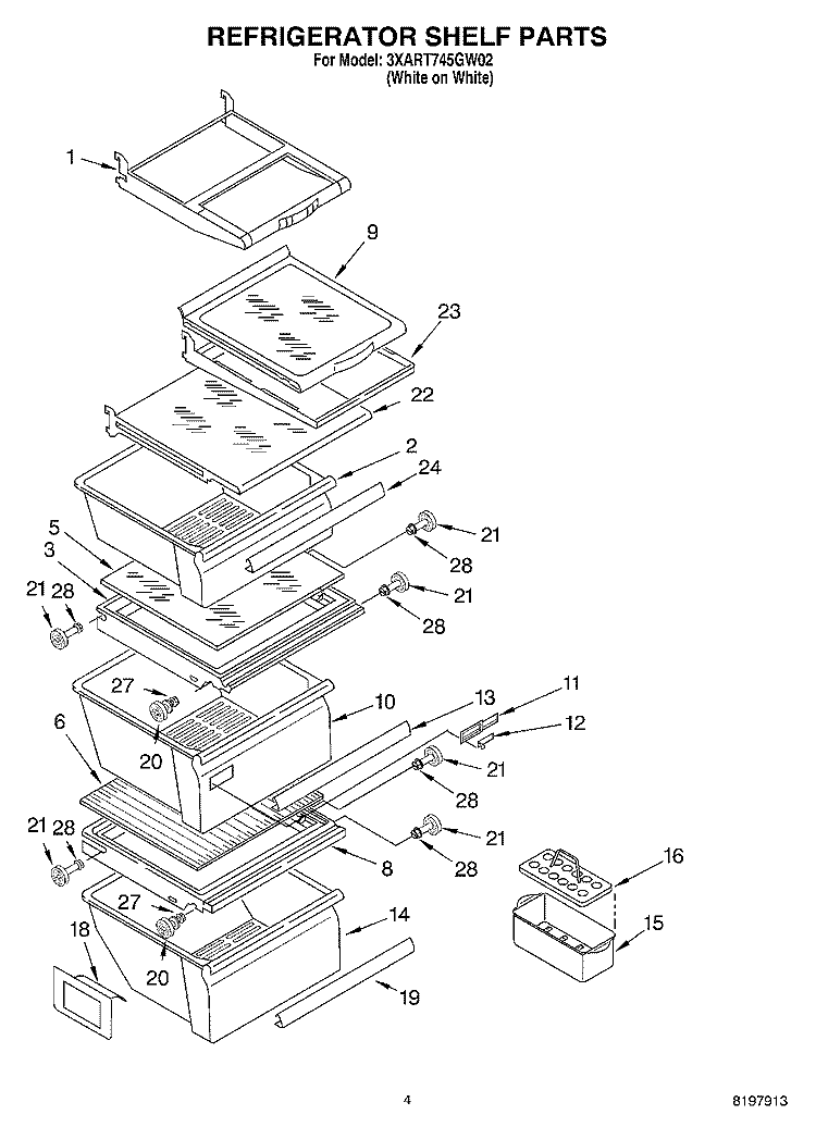 REFRIGERATOR SHELF Diagram and Parts List for 3XART745GW02  Whirlpool Refrigerator