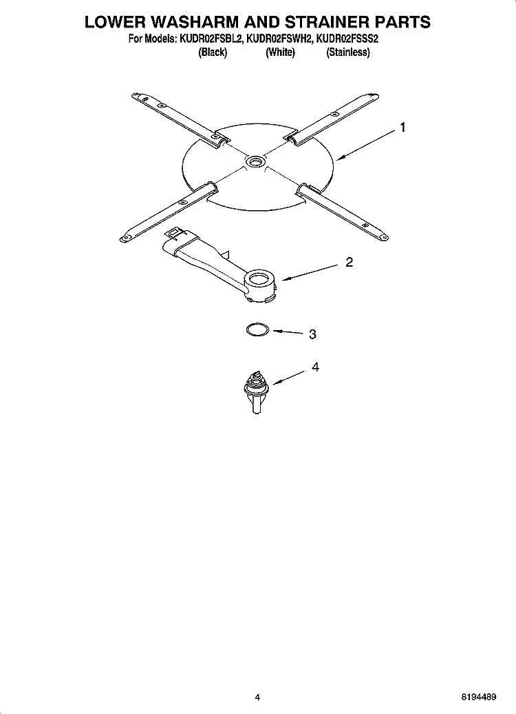 LOWER WASHARM AND STRAINER PARTS Diagram and Parts List for KUDR02FSBL2  KitchenAid Dishwasher