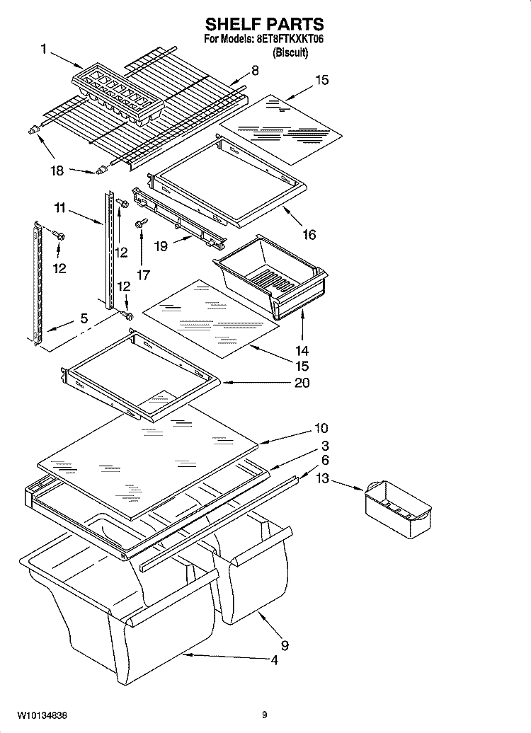 SHELF PARTS, OPTIONAL PARTS (NOT INCLUDED) Diagram and Parts List for 8ET8FTKXKT06  Whirlpool Refrigerator