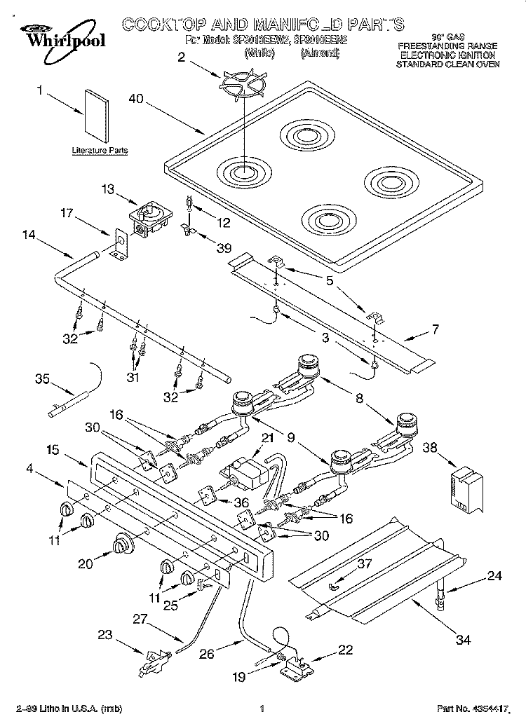 COOKTOP & MANIFOLD, LITERATURE Diagram and Parts List for SF3010EEW2  Whirlpool Range