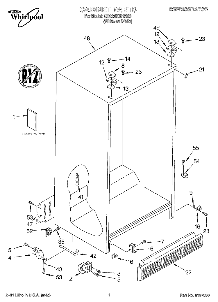 CABINET, LITERATURE Diagram and Parts List for GD22DKXHW03  Whirlpool Refrigerator