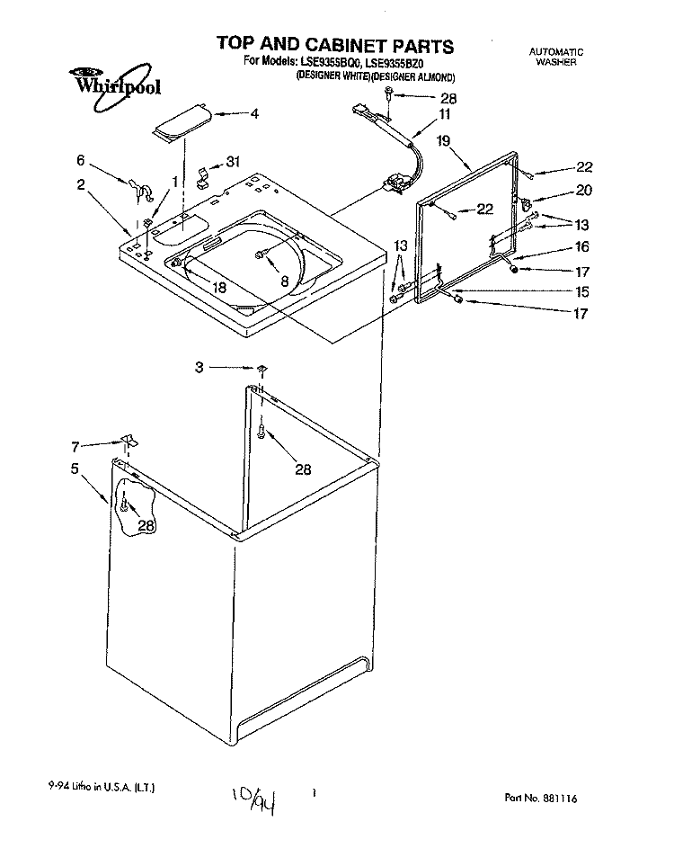 TOP AND CABINET, LIT/OPTIONAL Diagram and Parts List for LSE9355BQ0  Whirlpool Washer