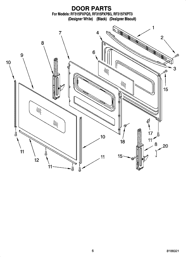 DOOR PARTS, OPTIONAL PARTS Diagram and Parts List for RF315PXPQ3  Whirlpool Range