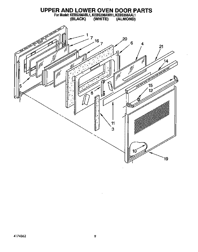 UPPER AND LOWER OVEN DOOR Diagram and Parts List for KEBS208AWH1  KitchenAid Wall Oven