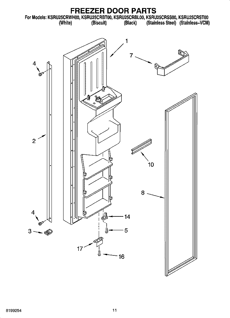 FREEZER DOOR PARTS Diagram and Parts List for KSRU25CRBL00  KitchenAid Refrigerator