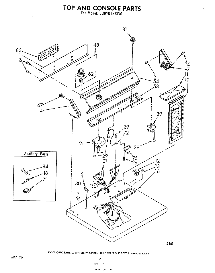 TOP AND CONSOLE , LITERATURE AND OPTIONAL Diagram and Parts List for LG6101XSW0  Whirlpool Dryer