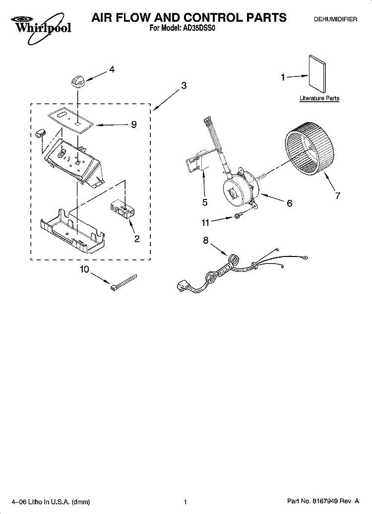 AIR FLOW AND CONTROL PARTS Diagram and Parts List for AD35DSS0  Whirlpool Dehumidifier