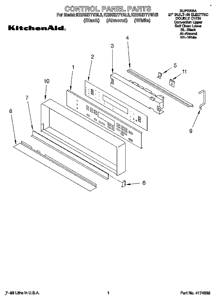 CONTROL PANEL, LITERATURE Diagram and Parts List for KEBS277YBL3  KitchenAid Wall Oven