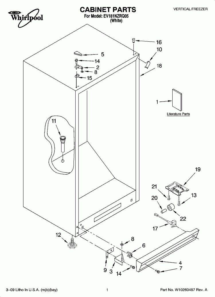 CABINET PARTS Diagram and Parts List for EV181NZRQ05  Whirlpool Freezer
