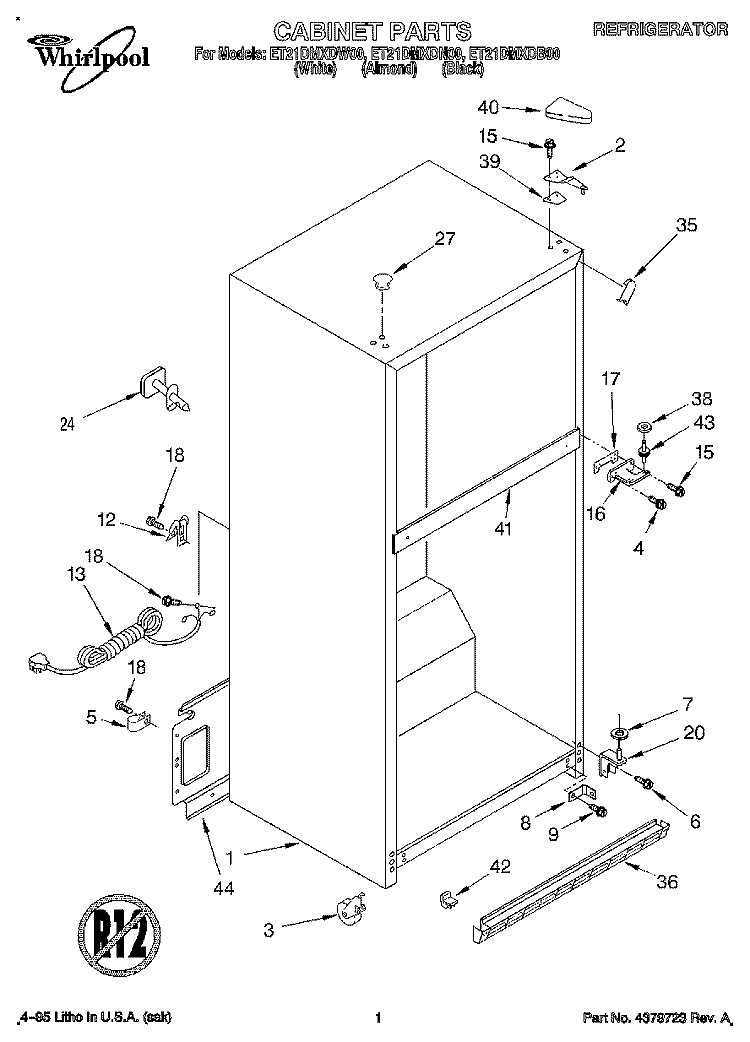 CABINET Diagram and Parts List for ET21DMXDB00  Whirlpool Refrigerator