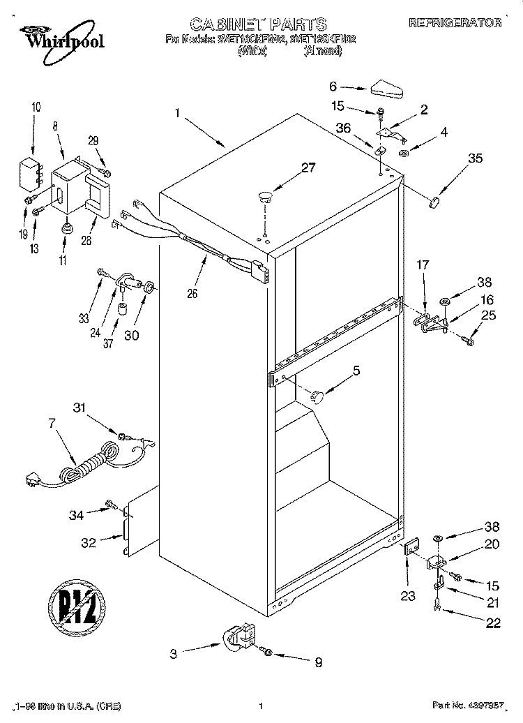 CABINET Diagram and Parts List for 3VET16GKFW02  Whirlpool Refrigerator
