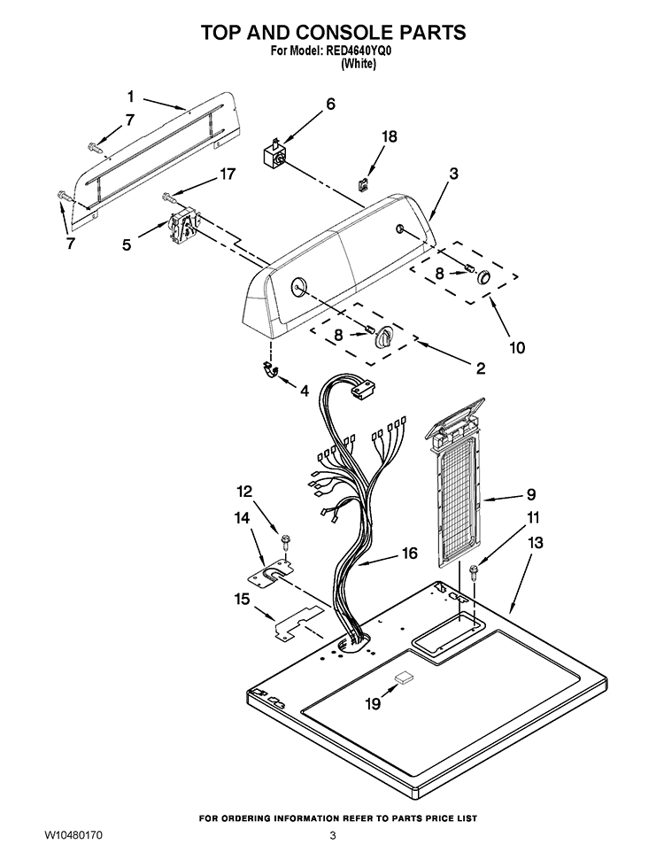 TOP AND CONSOLE PARTS Diagram and Parts List for RED4640YQ0  Roper Dryer