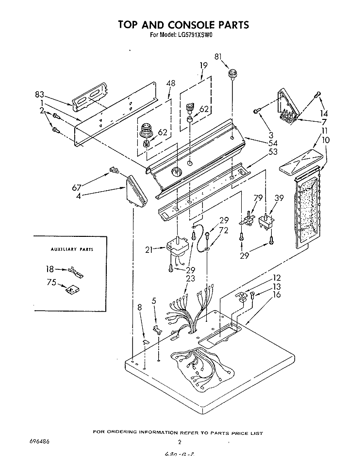 TOP AND CONSOLE , LITERATURE AND OPTIONAL Diagram and Parts List for LG5791XSW0  Whirlpool Dryer