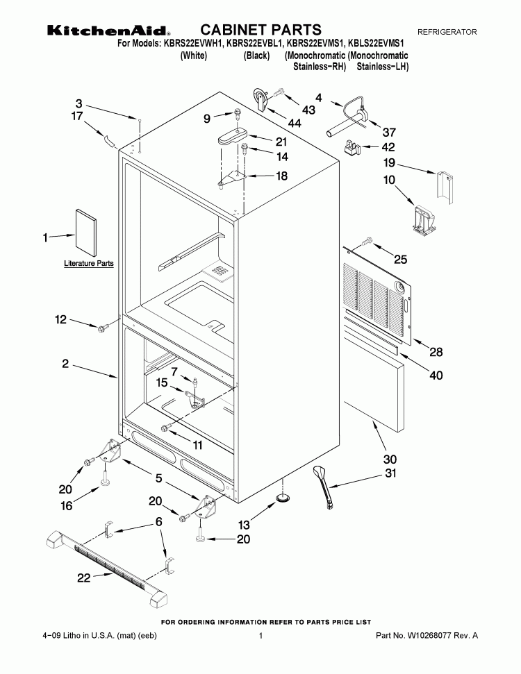 CABINET PARTS Diagram and Parts List for KBLS22EVMS1  KitchenAid Refrigerator