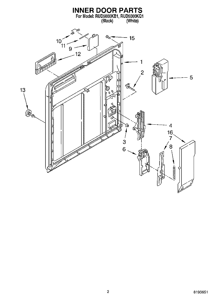 INNER DOOR PARTS Diagram and Parts List for RUD5000KQ1  Roper Dishwasher