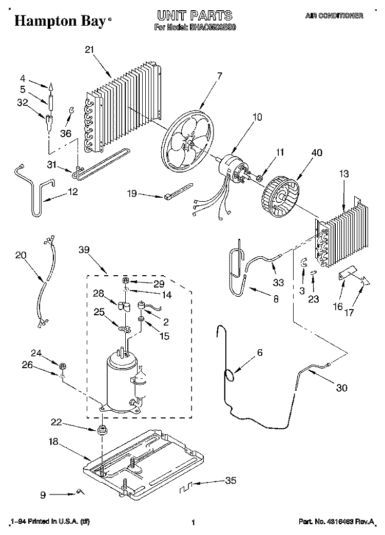 UNIT Diagram and Parts List for BHAC0500BS0  Whirlpool Air Conditioner