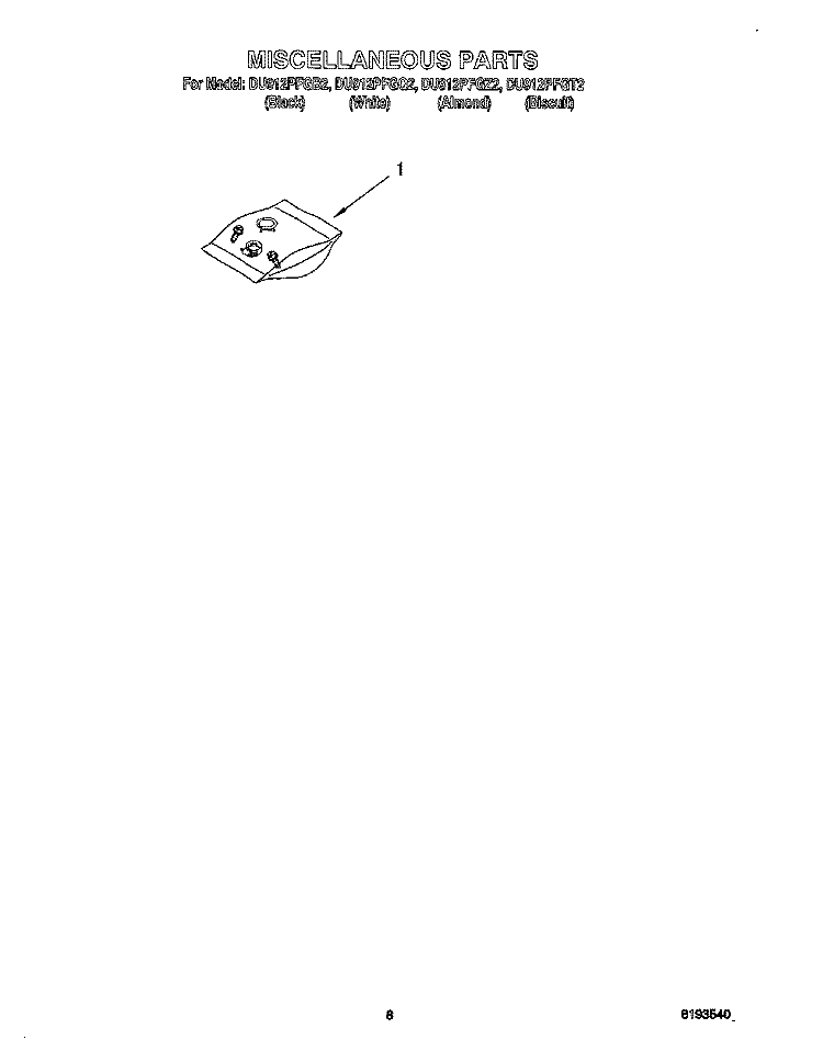 MISCELLANEOUS, OPTIONAL Diagram and Parts List for DU912PFGT2  Whirlpool Dishwasher