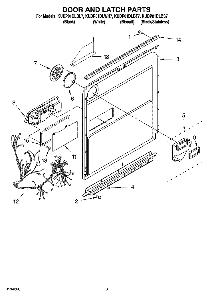 DOOR AND LATCH PARTS Diagram and Parts List for KUDP01DLBL7  KitchenAid Dishwasher