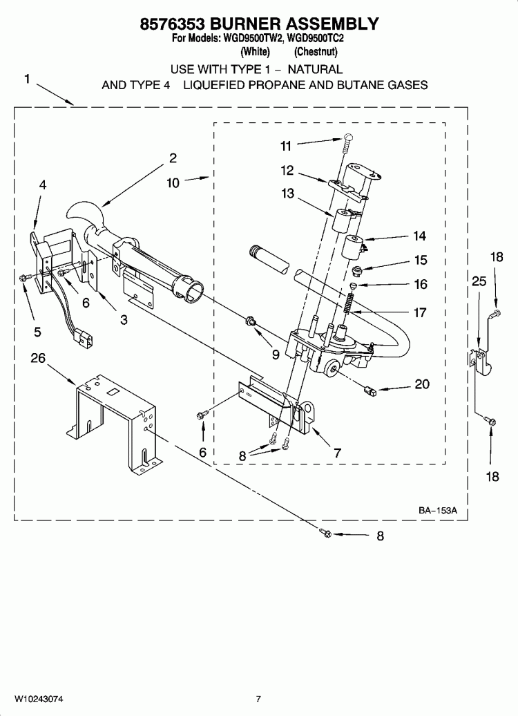 8576353 BURNER ASSEMBLY Diagram and Parts List for WGD9500TW2  Whirlpool Dryer