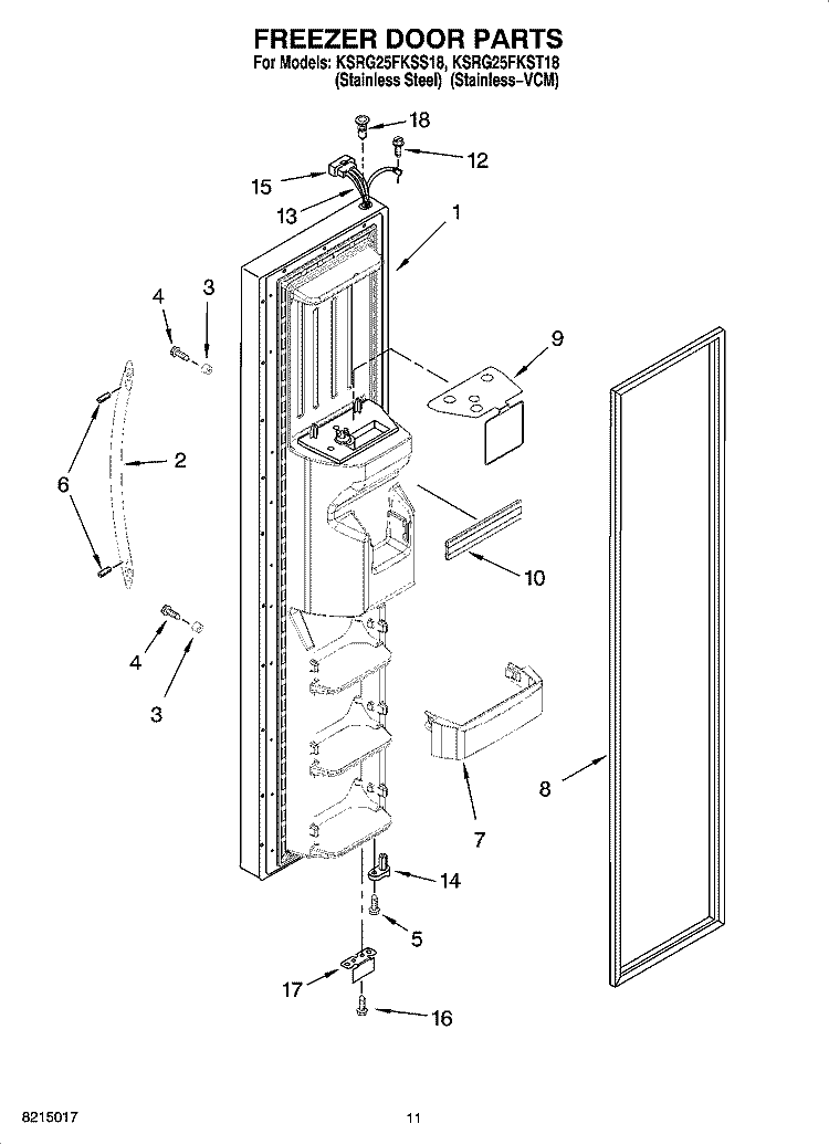 FREEZER DOOR PARTS Diagram and Parts List for KSRG25FKST18  KitchenAid Refrigerator