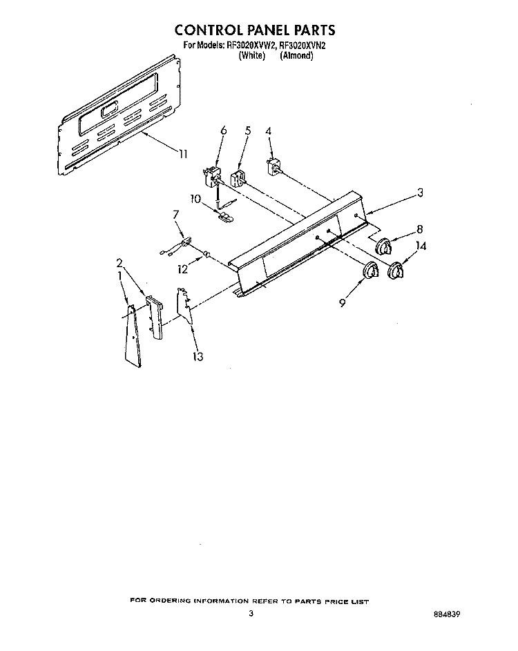 CONTROL PANEL Diagram and Parts List for RF3020XVW2  Whirlpool Range