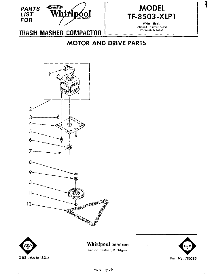 MOTOR AND DRIVE , LIT/OPTIONAL Diagram and Parts List for TF8503XLP1  Whirlpool Trash Compactor
