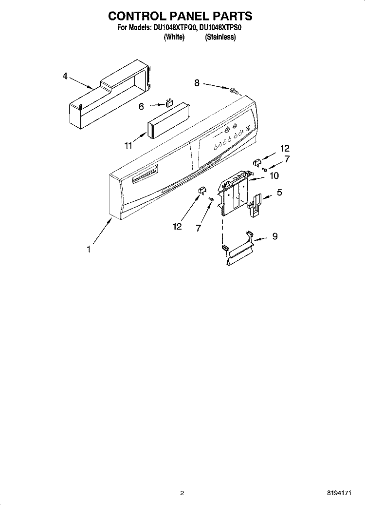 CONTROL PANEL PARTS Diagram and Parts List for DU1048XTPS0  Whirlpool Dishwasher