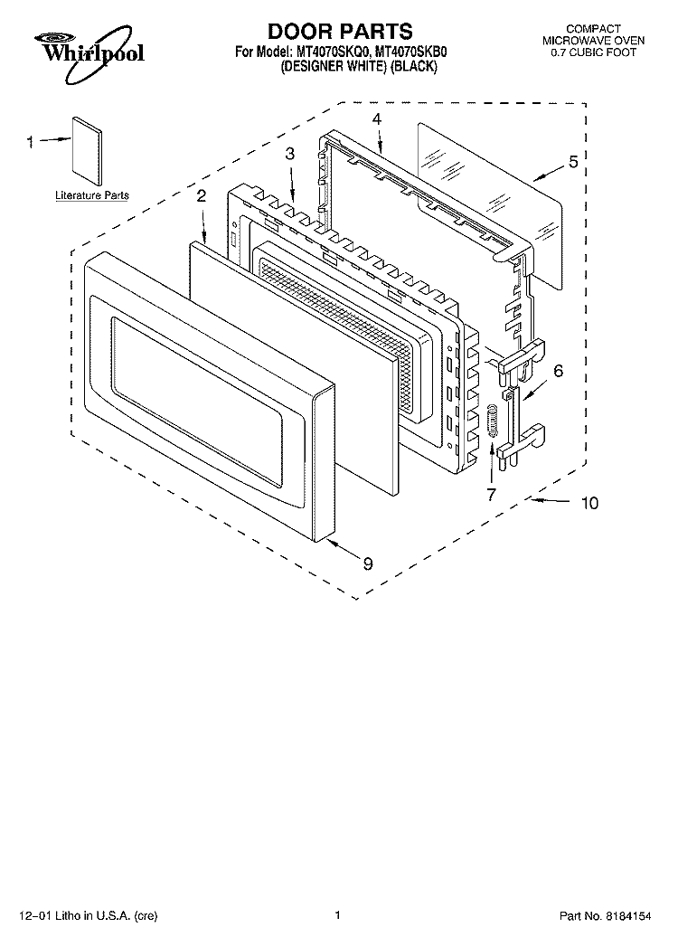 DOOR, LITERATURE Diagram and Parts List for MT4070SKQ0  Whirlpool Microwave