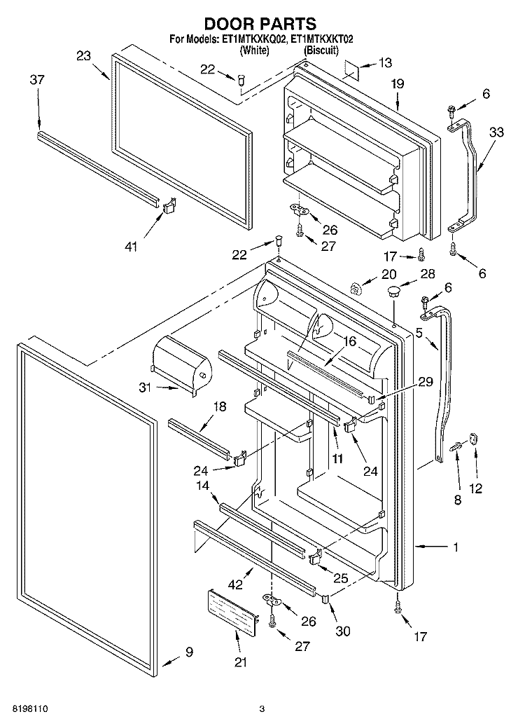 DOOR Diagram and Parts List for ET1MTKXKT02  Whirlpool Refrigerator